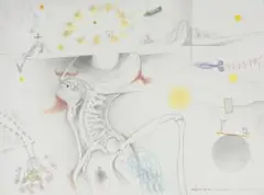 Judith Mason, Defacing the Cosmic Juggler, mixed media with pencil and gold leaf on paper