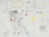 Judith Mason, Defacing the Cosmic Juggler, mixed media with pencil and gold leaf on paper