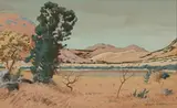 Erich Mayer, Veld Landscape with Trees and Mountains, 1941, watercolour on paper laid down on card