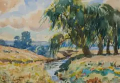 Sydney Carter, Landscape with Stream and Willow Trees, watercolour on paper