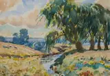 Sydney Carter, Landscape with Stream and Willow Trees, watercolour on paper