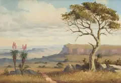 Christopher Tugwell, Mountainous Landscape with Aloes and Trees, oil on canvas laid down on board
