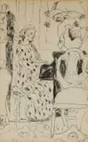 Maud Sumner, Interior with Figure Playing Piano, 1972, ink on paper
