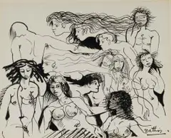 Walter Battiss, Group of Nude Figures, ink on paper