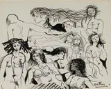Walter Battiss, Group of Nude Figures, ink on paper