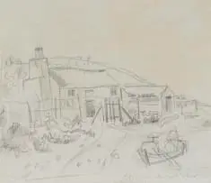 Cottages and Boat by Maggie Laubser, pencil on paper laid down to card, sold Aug 2026