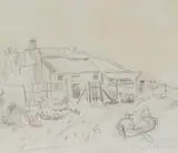 Maggie Laubser, Cottages and Boat, pencil on paper laid down to card