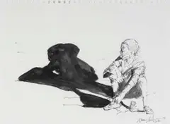 Nelson Makamo, Boy and His Shadow, 2022, pen and ink on sketchbook paper