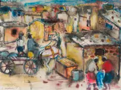 Ephraim Ngatane, Township Scene with Donkey Cart, 1970, watercolour and pastel on paper