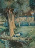 Sydney Carter, Scene with Tree, Stream and Duck, watercolour on card