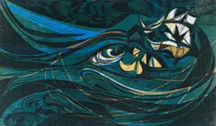 Cecil Skotnes, The Jonge Thomas on Her Beam-Ends, from The White Monday Disaster portfolio, 1975, colour woodcut on paper