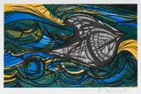 Cecil Skotnes, The Jonge Thomas Capsizes, from The White Monday Disaster portfolio, 1975, colour woodcut on paper