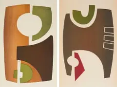 Hannes Harrs, Geometric Abstract I; Geometric Abstract II, two, 1972, colour woodcut on paper