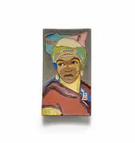 Kalahari Studio, Rectangular plate with a woman in headscarf, terracotta with matt and glossy overglaze