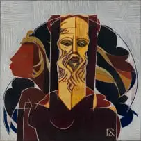 Raymond Andrews, Bearded Figure and Head in Profile, painted and incised wood panel