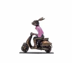 Carol Cauldwell, Rabbit on a Vespa, painted and patinated bronze with wax, on a painted steel base