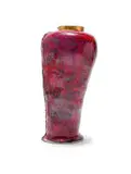 Ruan Hoffmann, Vase shaped vessel in red and with gold rim, 2005, slip-cast high fired earthenware with applied transfers and gold lustre in multiple firings