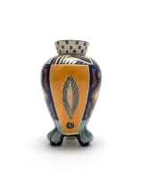Andile Dyalvane, Claw-footed vase painted with abstract patterns and feather motifs, 2000, painted and glazed ceramic