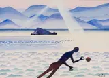 Walter Battiss, Seascape with Distant Mountains, Figure and Sphere, 1981, watercolour on paper