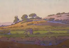 Farm Landscape with Trees and Building by Jacobus Hendrik Pierneef, 1928, casein on paper laid down on board, sold Jul 2026