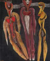 Cecil Skotnes, Three Figures, 1974, painted and carved wood