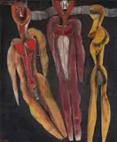 Cecil Skotnes, Three Figures, 1974, painted and carved wood