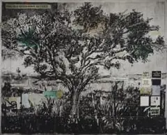 William Kentridge, The Old Gods Have Retired, 2022, photogravure, sugarlift aquatint, direct gravure, drypoint and handpainted chine collé and collage papers on 12 overlapping sheets of Hahnemühle