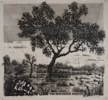 William Kentridge, You Who Never Arrived, 2021, coffee-lift etching and hand painting on Phumani paper mounted on raw cotton cloth