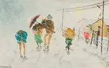 John Koenakeefe Mohl, Street Scene in the Rain, Soweto, acrylic and pencil on cotton paper