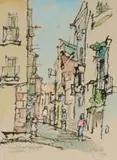 Gregoire Boonzaier, Straatjie met Ses Figure, Lissabon (Street with Six Figures, Lisbon), 1972, watercolour and ink on paper