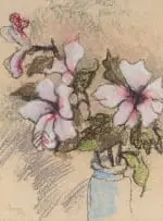 Gregoire Boonzaier, Hibiscus in a Blue Vase, 1974, pastel and charcoal on paper