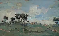 Gregoire Boonzaier, Trees with Distant Houses (recto); Landscape with Cottages (verso), oil on canvas laid down on board