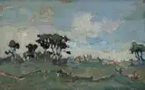 Gregoire Boonzaier, Trees with Distant Houses (recto); Landscape with Cottages (verso), oil on canvas laid down on board