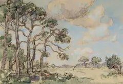 Gregoire Boonzaier, Landskap met Vyf Dennebome, Kenilworth (Landscape with Five Pine Trees), 1978, charcoal, ink and watercolour on paper