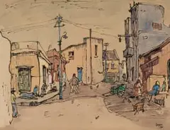 Gregoire Boonzaier, Struisbaai Street Scene, 1953, charcoal, ink and watercolour on paper