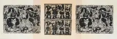 Norman Catherine, Scenes with Abstract Figures, three, linocut on paper laid down on board