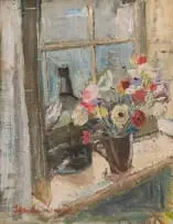 Freida Lock, Still Life with Bottle and Flowers on a Window Sill, oil on canvas laid down on board