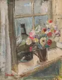 Freida Lock, Still Life with Bottle and Flowers on a Window Sill