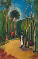 Pranas Domšaitis, Figure amongst Trees (recto) Two Figures in a Landscape (verso), oil on board