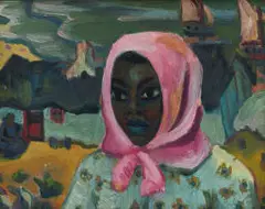 Maggie Laubser, Portrait of a Woman with Head Scarf; Landscape with House and Boats in Background, oil on board