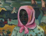 Maggie Laubser, Portrait of a Woman with Head Scarf; Landscape with House and Boats in Background, oil on board