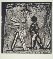 William Kentridge, Almost Don't Worry, 2010, linocut with hand-painting on Hahnemüle