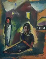 Pranas Domšaitis, Two Figures amongst Houses, oil on board