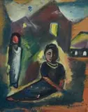 Pranas Domšaitis, Two Figures amongst Houses, oil on board