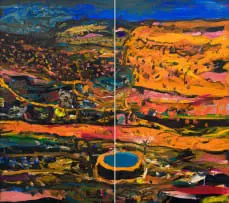 Robert Brooks, Landscape with Reservoir, diptych, 2012, oil on board
