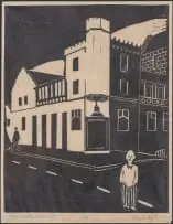 Fred Page, Old Castle Hotel P.E., 1966, linocut on onion skin paper