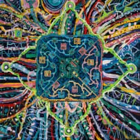 Robert Brooks, Omega Virus in My End, Is My Beginning, oil, acrylic, paper and collage on board