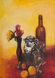 Jennifer Lynne Crooks, Still Life with Bottle and Roses, oil on board