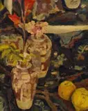 Jennifer Lynne Crooks, Still Life with Vases of Flowers and Fruit, oil on board