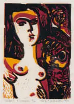 Michael Hallier, Veldt Nymph, 1978, linocut on onion skin paper